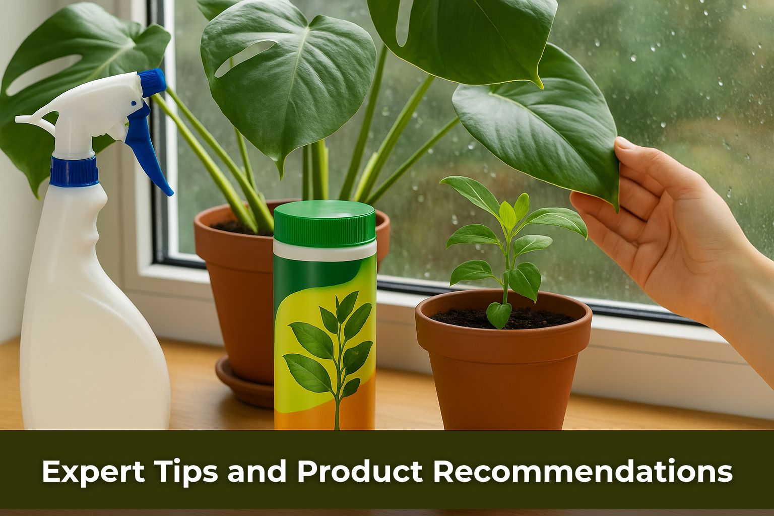 Indoor plant care setup with fertilizer, neem spray, and healthy potted plants — visual guide for expert tips and product recommendations to solve common houseplant problems.